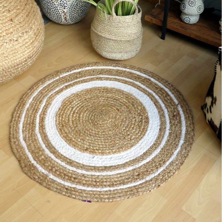 Alfombra redonda yute y algodón círculos blancos 90 cm