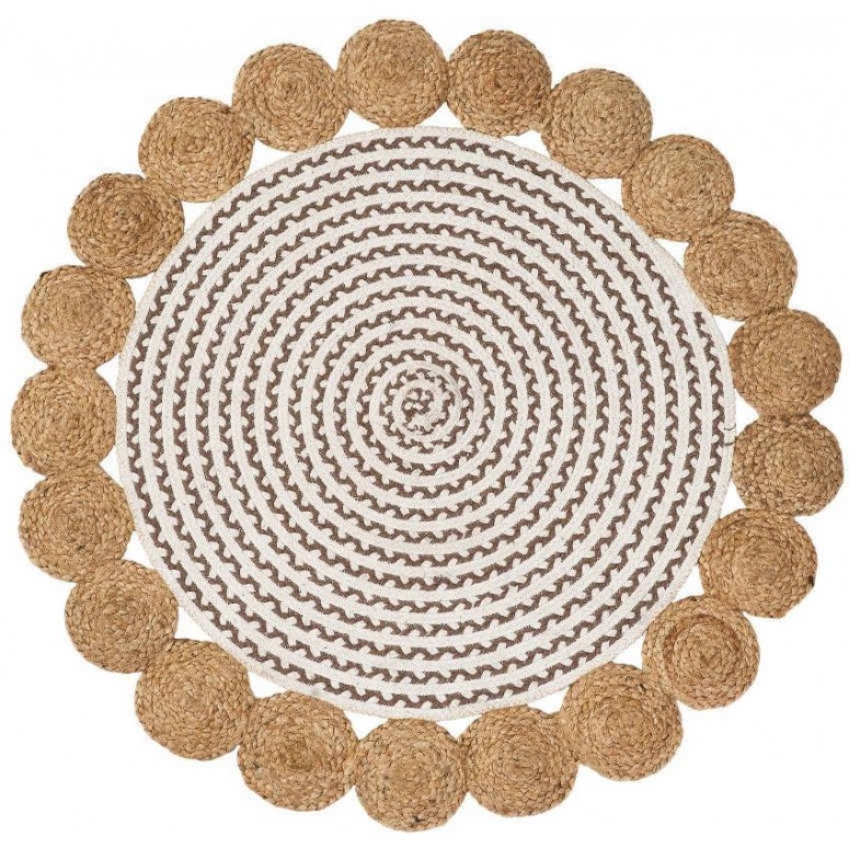 Alfombra redonda yute blanco y natural cenefa círculos