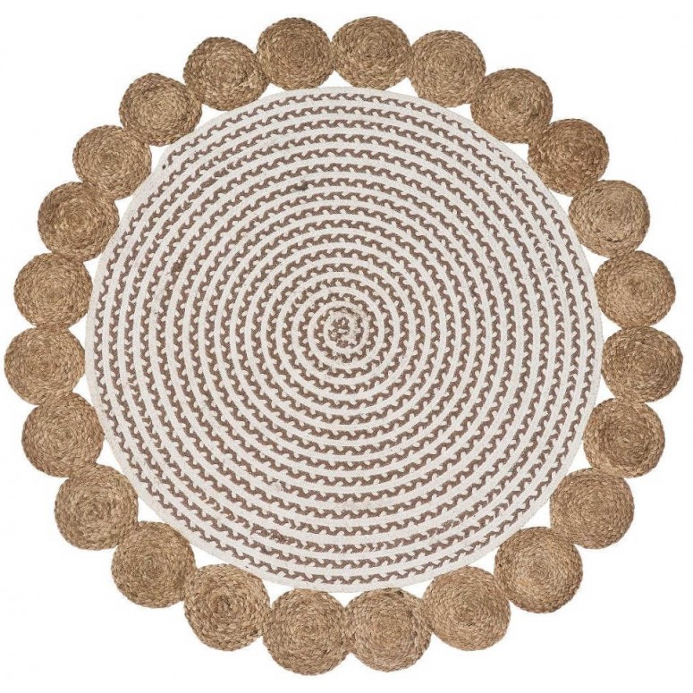 Alfombra redonda yute blanco y natural cenefa círculos